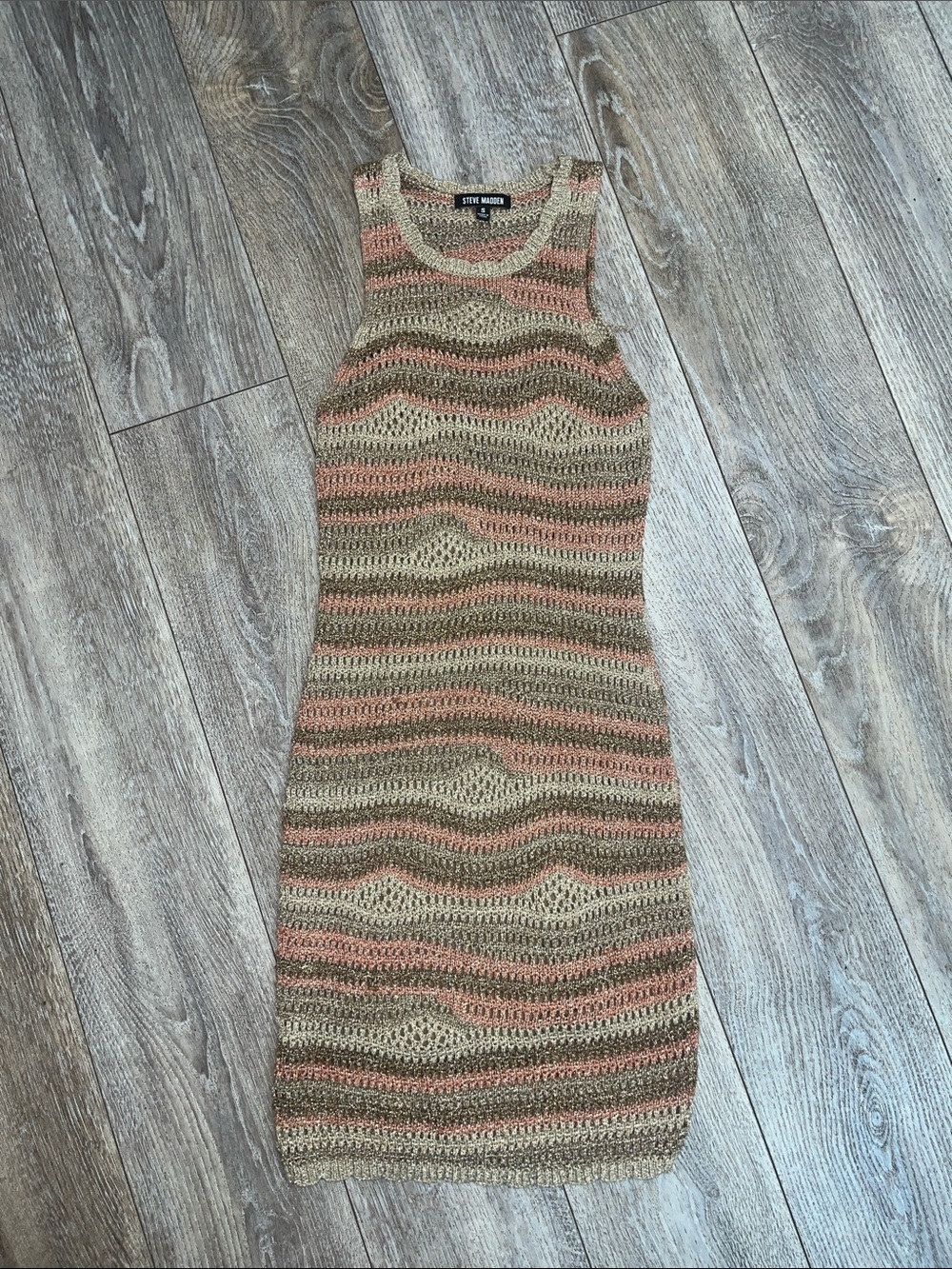 Steve Madden Beige, Coral & Olive Striped Crochet Tank Dress